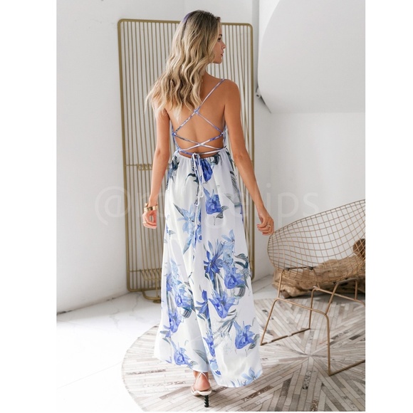 Deep V Backless Strappy White Floral Maxi Dress - Picture 4 of 7